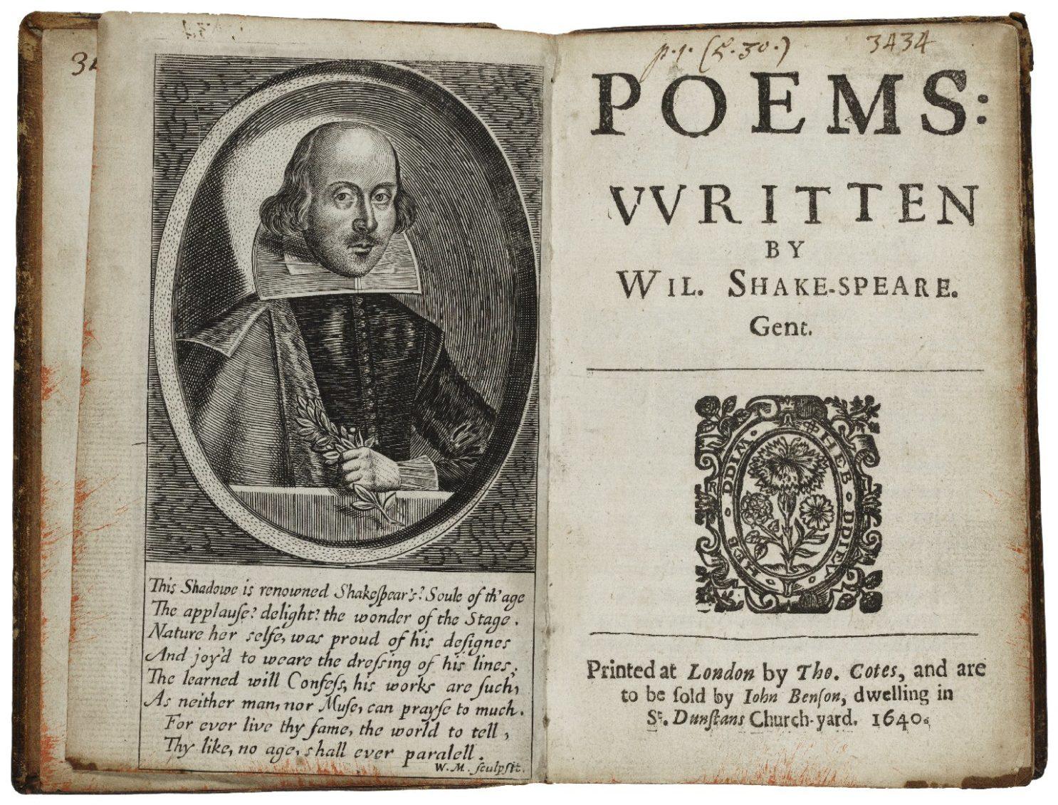 Kuvassa teos Poems: vvritten by Wil. Shake-speare. Gent., Tho. Cotes/ London 1640.