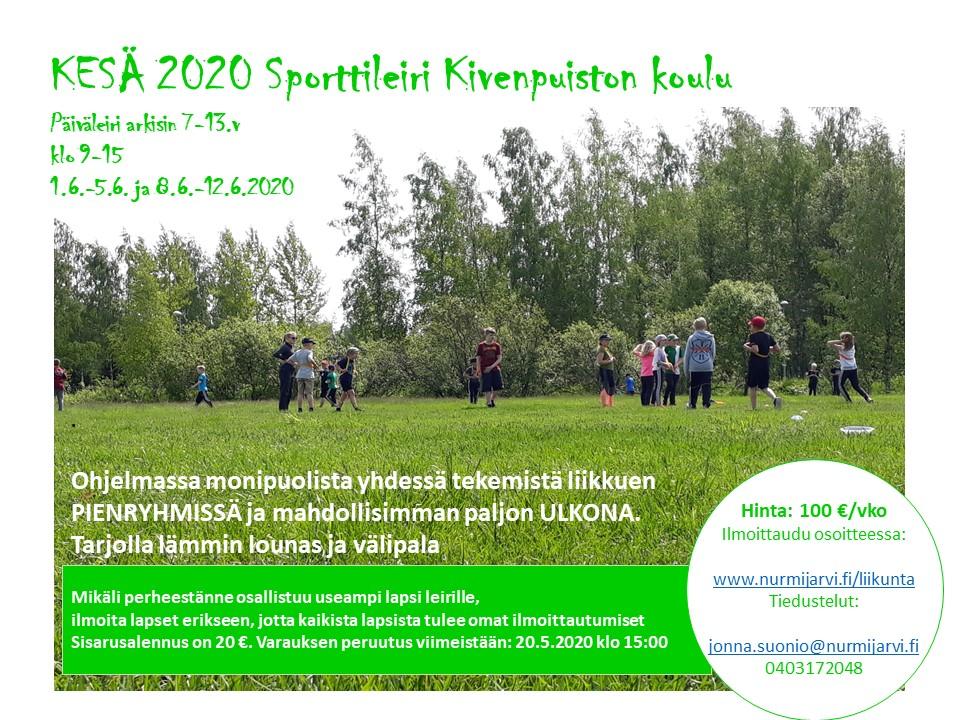 Liikuntapalveluiden lasten kesäleiri Kivenpuiston koululla kesäkuussa 1.6-12.6 arkipäivisin.