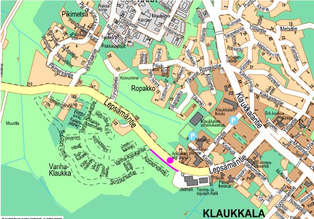 Karttakuva Vanha-Klaukan asemakaava-alueesta ja Lepsämäntien katusuunnitelmasta.