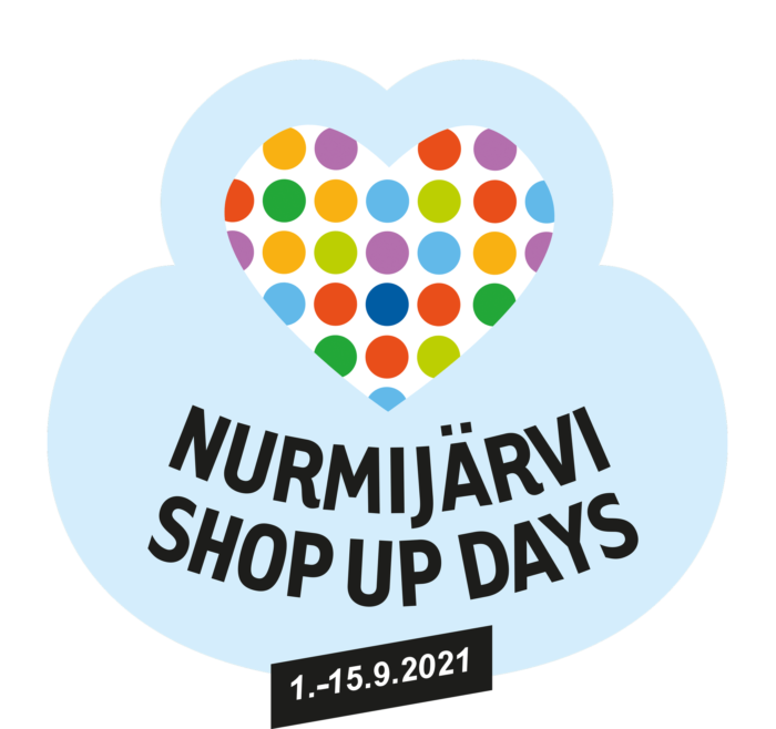 Nurmijärvi Shop Up Days 2021 -logo. Värikkään pilkullinen sydän ja teksti.