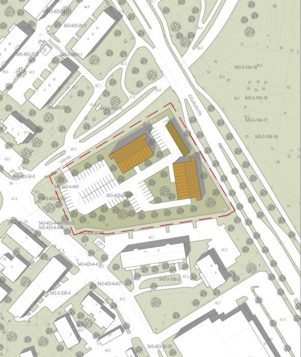 Kyijynpuiston asemakaavan muutoksen havainnekuva. Havainnekuva perustuu Arkkitehtitoimisto Arkkitehtuuri Oy Lehtinen Miettunen vuonna 2021 alueelle laatimaan alustavaan suunnitelmaan.