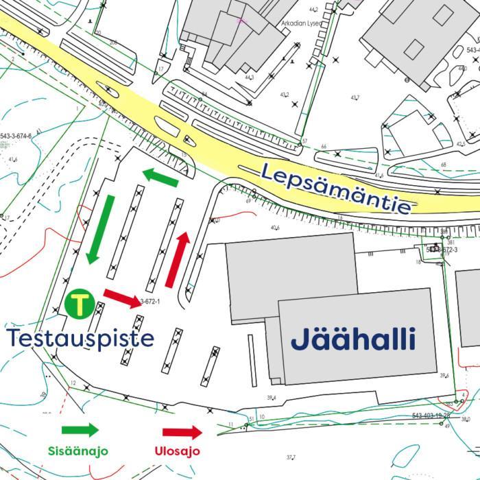 Karttakuva koronan näytteenottopisteestä osoitteessa Lepsämäntie 12, Klaukkala. Kuvassa näkyy Klaukkalan jäähalli, Lepsämäntie ja testauspisteelle sisään- ja ulosajoreitit.