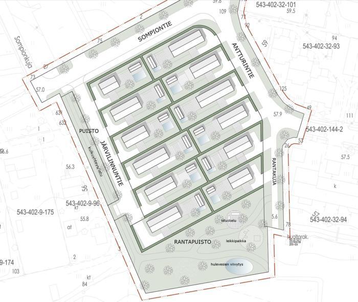 Havainnekuva Rantapuiston alueesta tonttijakoineen ja puistoalueineen.
