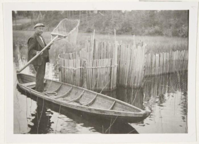 Mies seisoo veneessä haavi kädessä kokemassa liistekatiskaa.