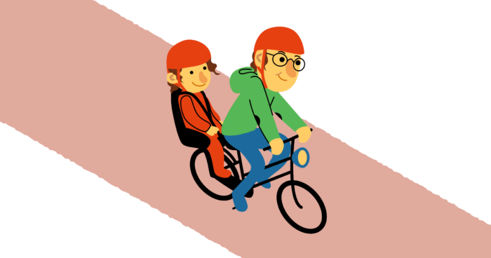 Mies ajaa polkupyörällä alamäkeä, ja polkupyörän kyydissä istuu lapsi.