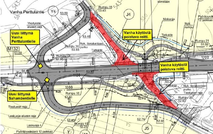 Karttakuva, jossa esitetetään, missä ovat uudet liittymät Lopentieltä Sahanmäentielle ja vanhalle Perttulantielle.