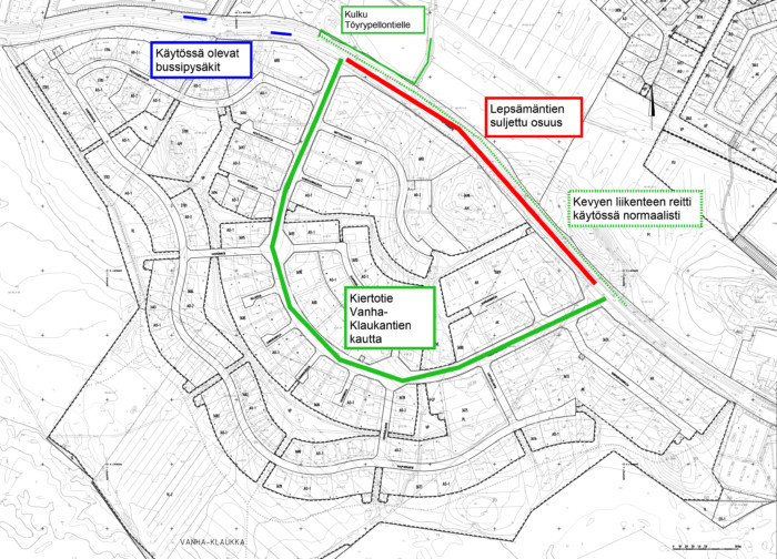 Kartta Lepsämäntien kadunparantamisurakan aiheuttamista tiejärjestelyistä.