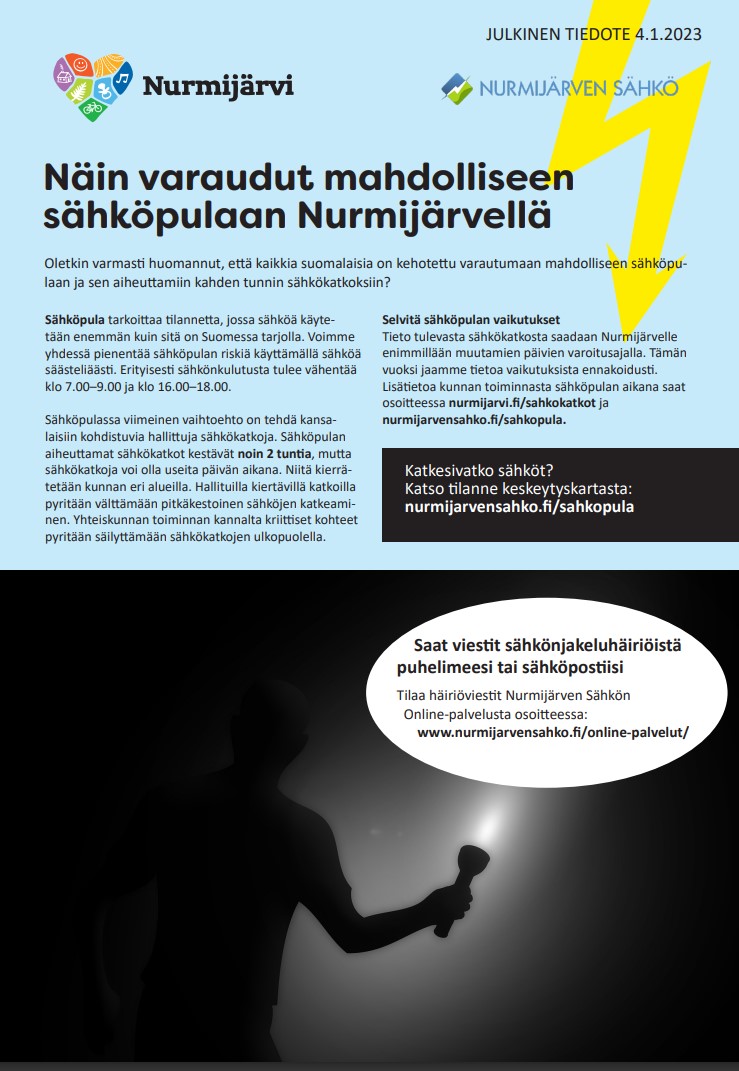 Nurmijärven kunta jakaa julkisen tiedotteen sähköpulaan liittyen 4.1.2023.