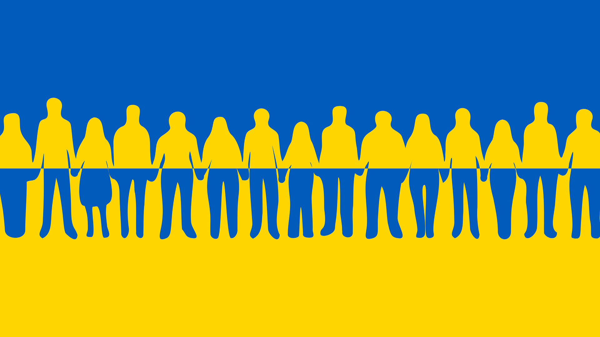Ukrainan lippua mukaillen ihmisketju käsikädessä.