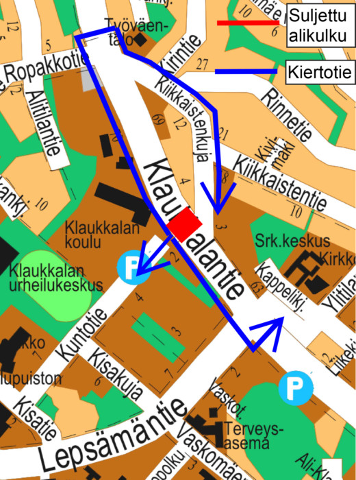 Karttakuva Klaukkaln Kiikkaistenkujan ja Kuntotien liikennejärjestelyistä, kun alikulkutunneli suljettu.
