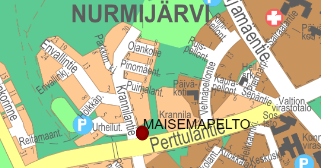 Karttakuva Kirkonkylästä, johon merkitty punaisella palluralla auringonkukkapellon sijainti Krannilantien ja Perttulantien risteyksessä.