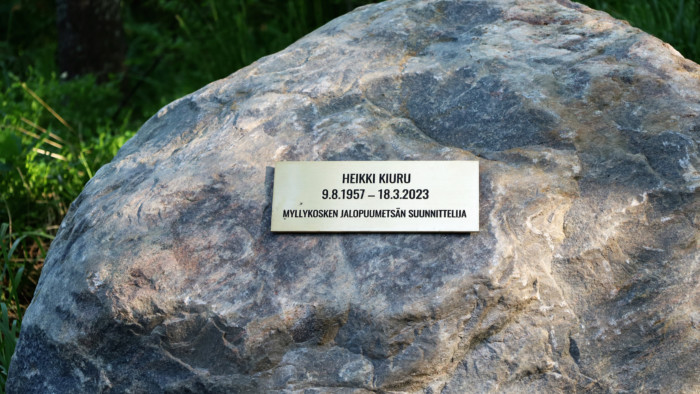 Kivi, jossa on muistolaattaa menehtyneen Heikki Kiurun muistolle. Kiuru oli Myllykosken jalopuumetsän suunnittelija.