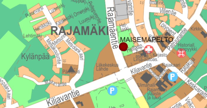 Karttakuva Rajamäestä, johon merkitty punaisella palluralla auringonkukkapellon sijainti Rajamäentien varressa, ”Hellaspianon pellolla” kauppakeskus Lähdettä vastapäätä.