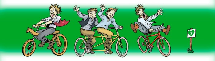 Seitsemän veljeksen pyöräreitillä pyöräilee neljä veljestä vanhanaikaislla polkupyörillä.