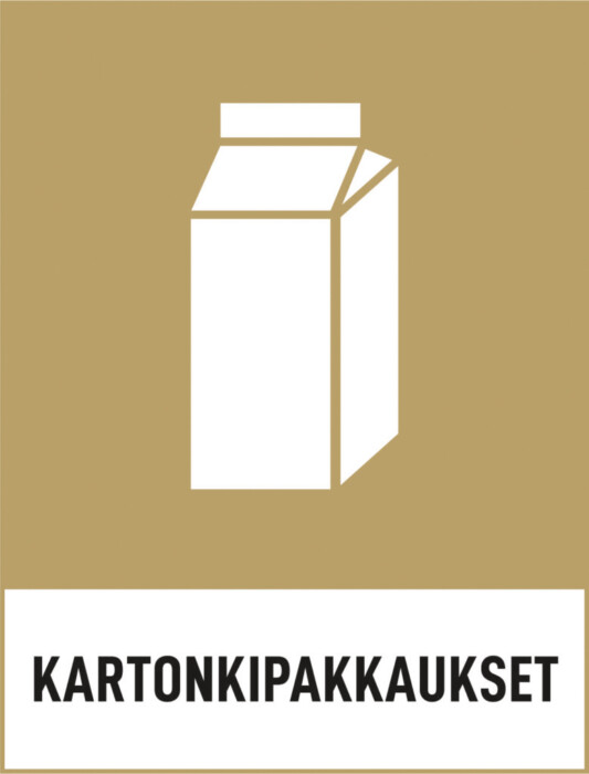 Jäteastiatarra, jossa ruskealla pohjalla kartonkitölkki, ja teksti KARTONKIPAKKAUKSET.