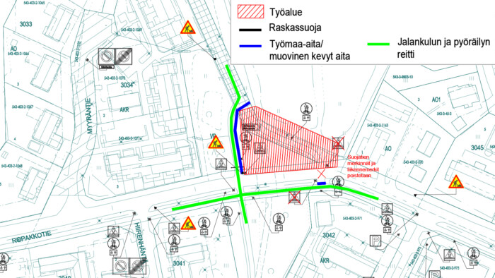 Kartta rakennusurakan aikaisista liikennejärjestelyistä Klaukkalan Ropakkotiellä syyskussa 2023.