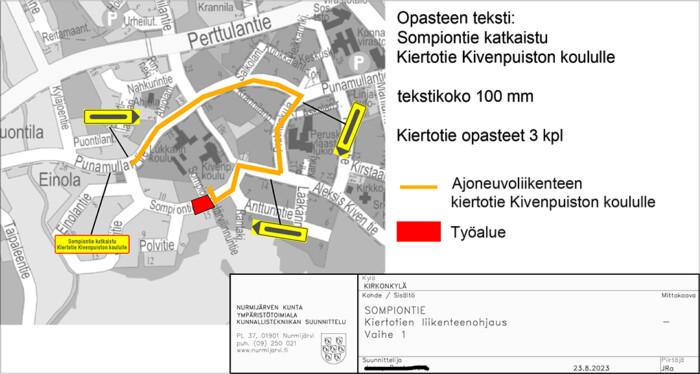 Karttakuva Sompiontie I liikennejärjestelyistä syksyllä 2023.