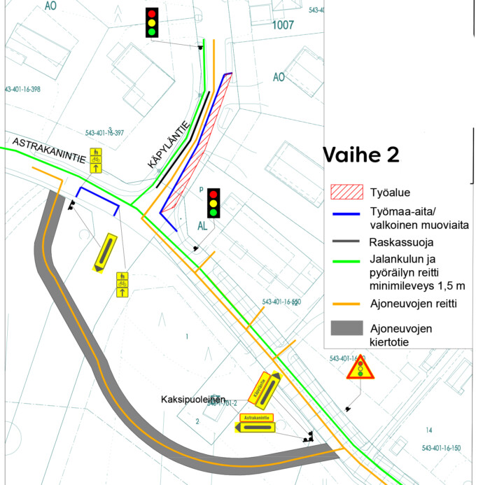 Karttakuva Rajamäen Astrakanintien tilapäisistä liikenteenjärjestelyistä vaiheessa 2 syksyllä 2023.