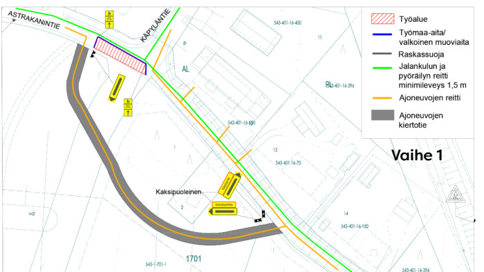 Karttakuva Rajamäen Astrakanintien tilapäisistä liikenteenjärjestelyistä vaiheessa 1 syksyllä 2023.
