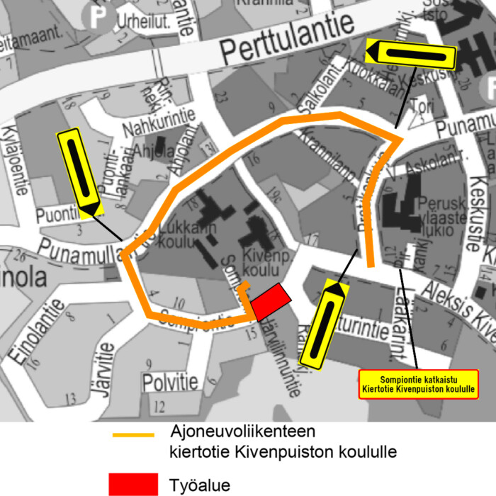 Karttakuva Sompiontien tilapäisestä rakennustyöstä.