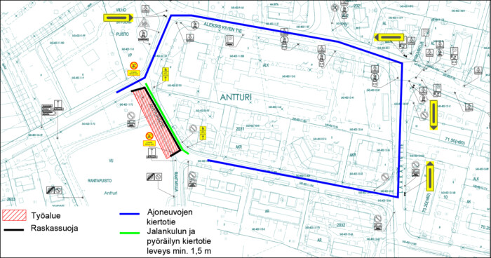 Karttakuva kirkonkylän Antturintien tilapäisistä liikennejärjestelyistä syksyllä 2023.