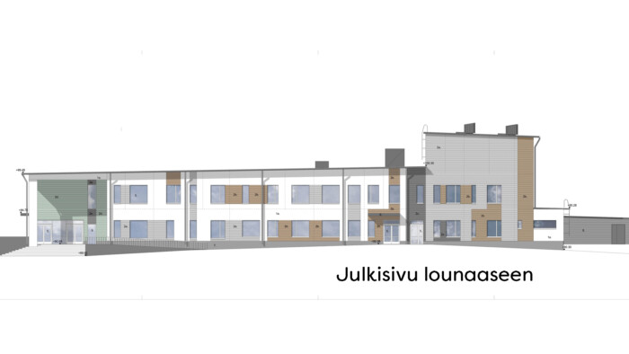 Havainnekuva Rajamäen kampuksen koulurakennuksesta lounaasta katsottuna.