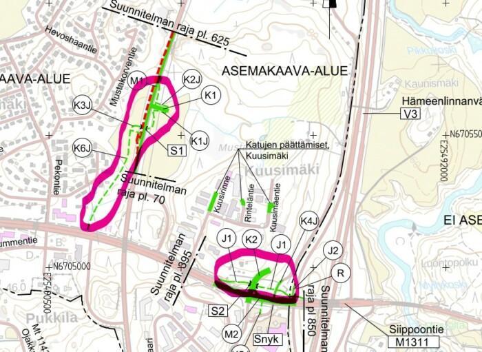 Karttakuva Kirkonkylän Ilvesvuori pohjoinen alueesta. Karttaan merkitty alueella tehtävät puunhakkuukohdat.