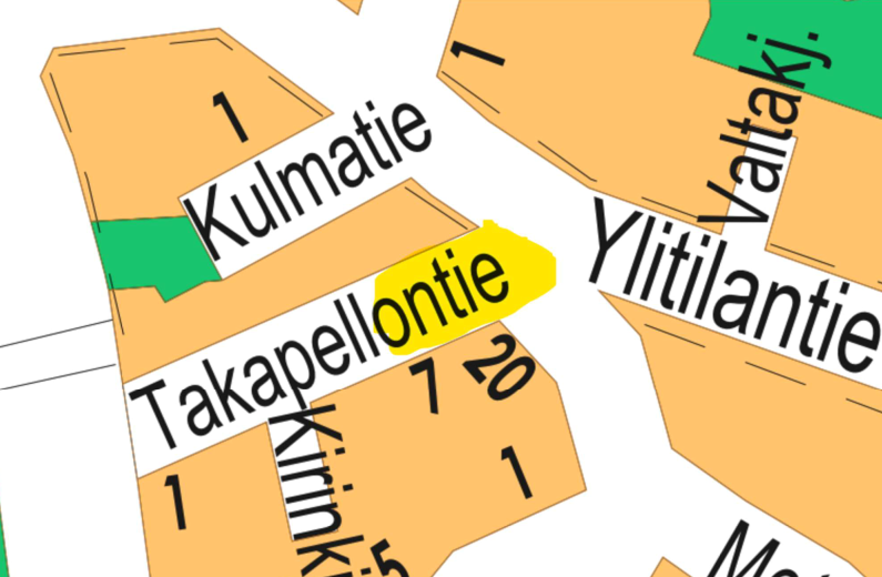 Kartalla merkitty Takapellontien itäosa