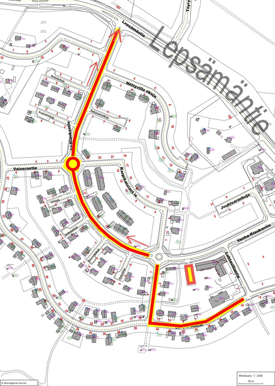 Karttakuva Vanha-Klaukan alueesta, jossa kivitöitä tehdään.