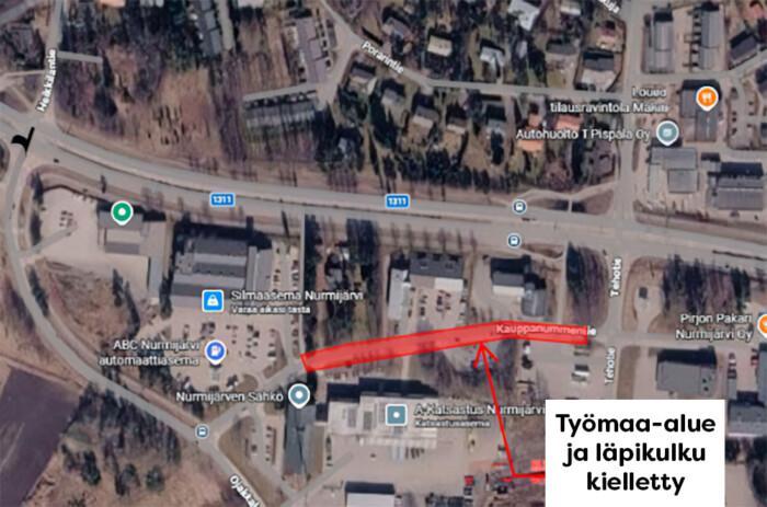 Kauppanummentien tietyöalueen kartta