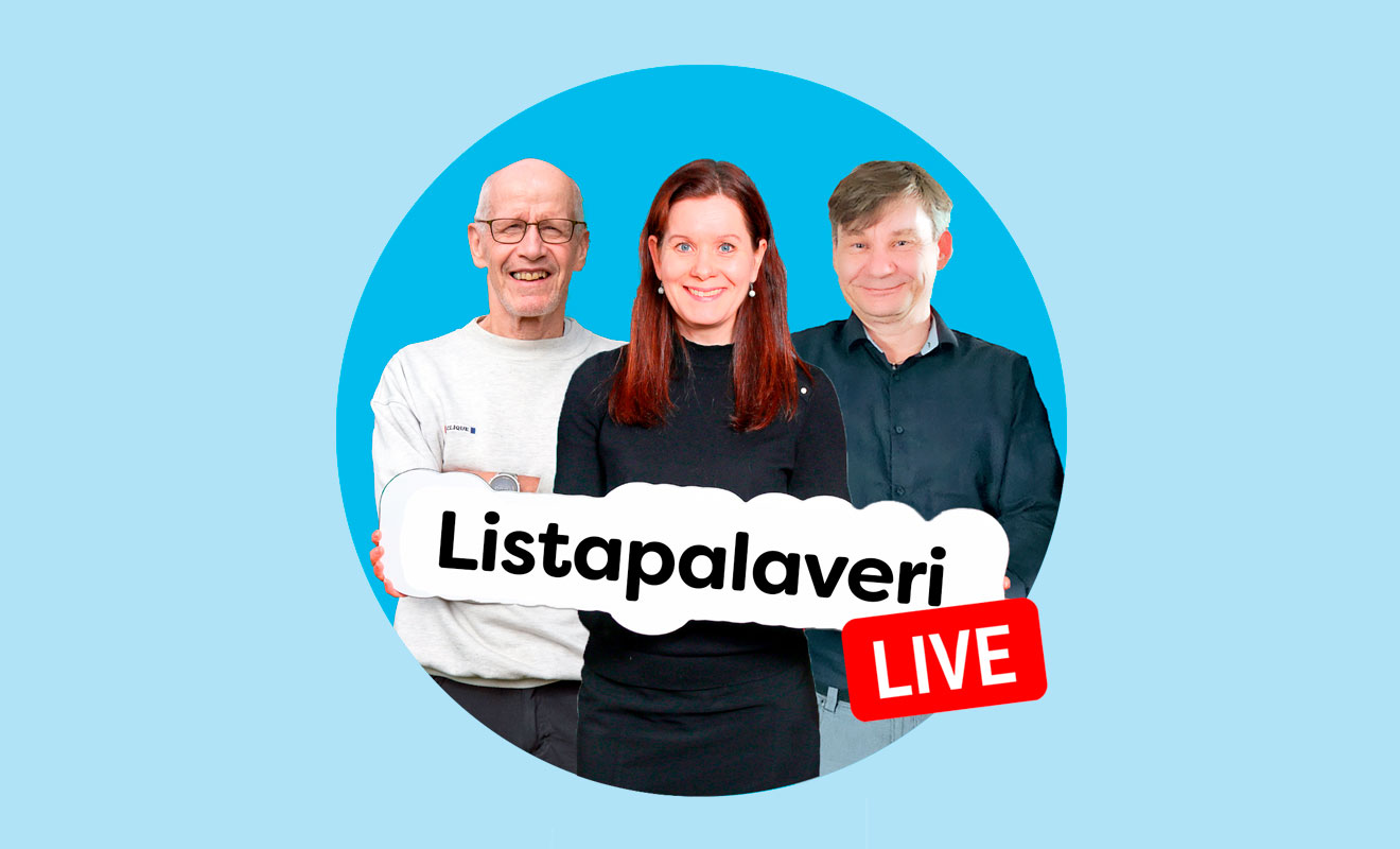 Listapalaverin mainosbanneri. Veikko Ollila, Outi Mäkelä ja Erkki Mäkäräinen