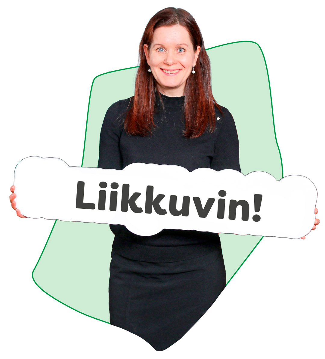 Kunnanjohtaja Outi Mäkelä kädessään liikkuvin-kyltti.