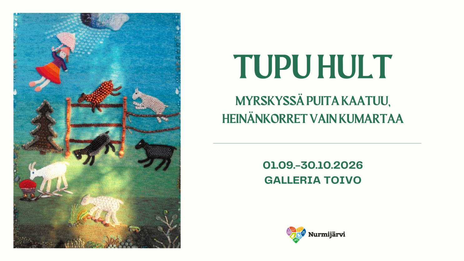 Näyttelyn juliste. Värikkäässä tekstiilitaideteoksessa helmistä kirjaillut lampaat hyppäävät aidan yli ja tyttö lentää ilmassa sateenvarjon kanssa.